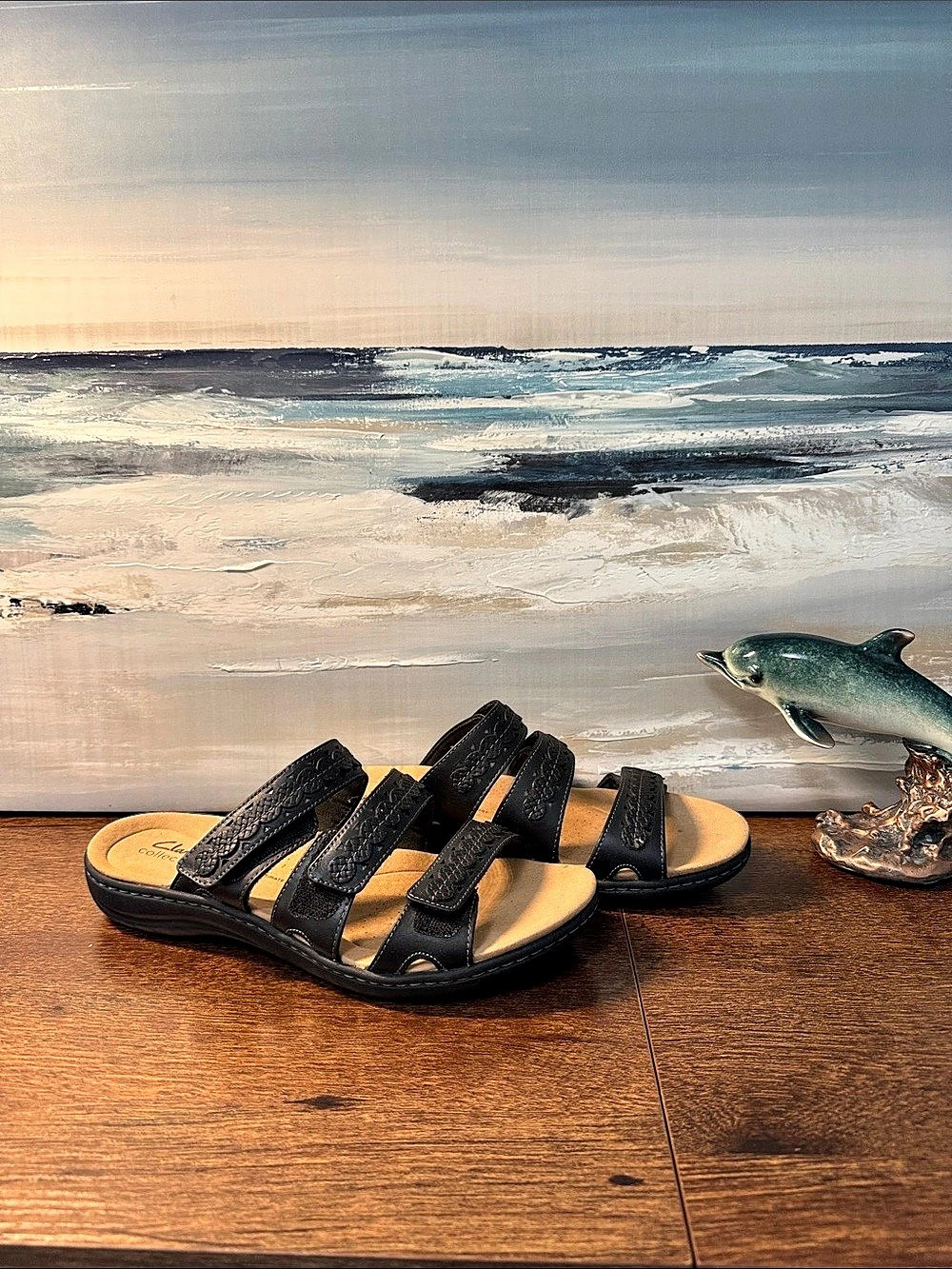 Clarks Leisa Cacti Q Women's Black Leather-Style Sandals US 8.5 W